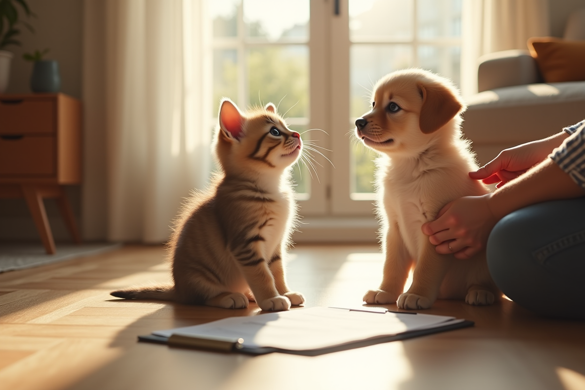 Chaton et chiot assis sur le sol ensoleille dans un salon