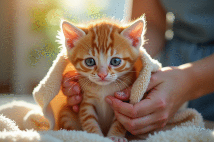 Chaton mouillé being dried with towel par une personne