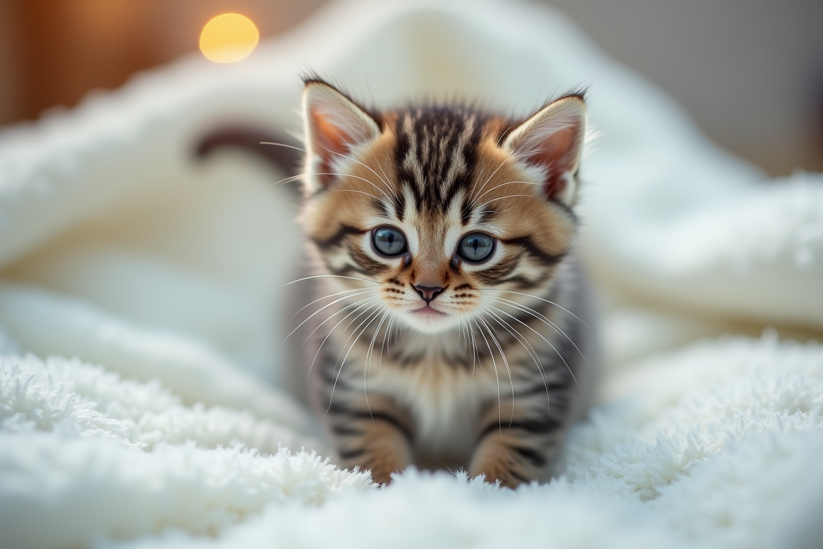 Petit chaton mouillé sur une couverture blanche