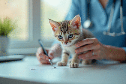 Chaton examiné par un vétérinaire sur une table propre