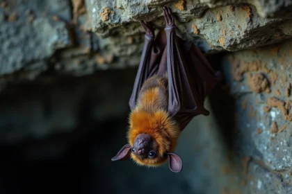 Chauve-souris accrochée à une paroi rocheuse de grotte, symbolisant la transformation spirituelle et intérieure
