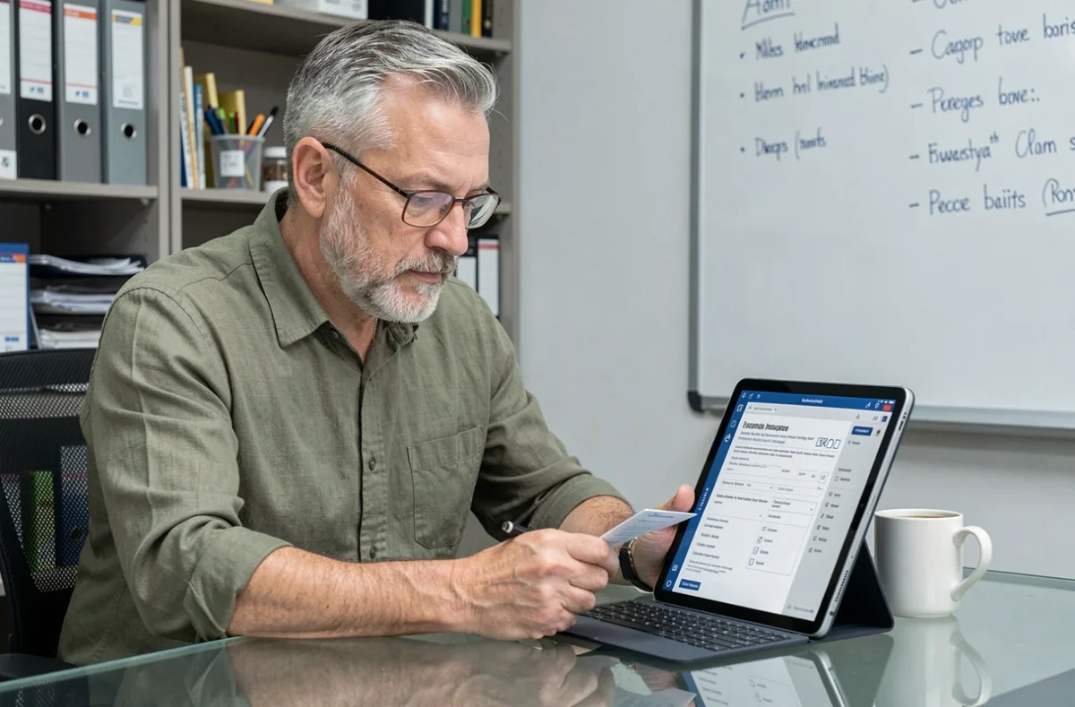 Artisan ou chef de petite entreprise consultant un contrat d'assurance professionnelle multirisque sur une tablette