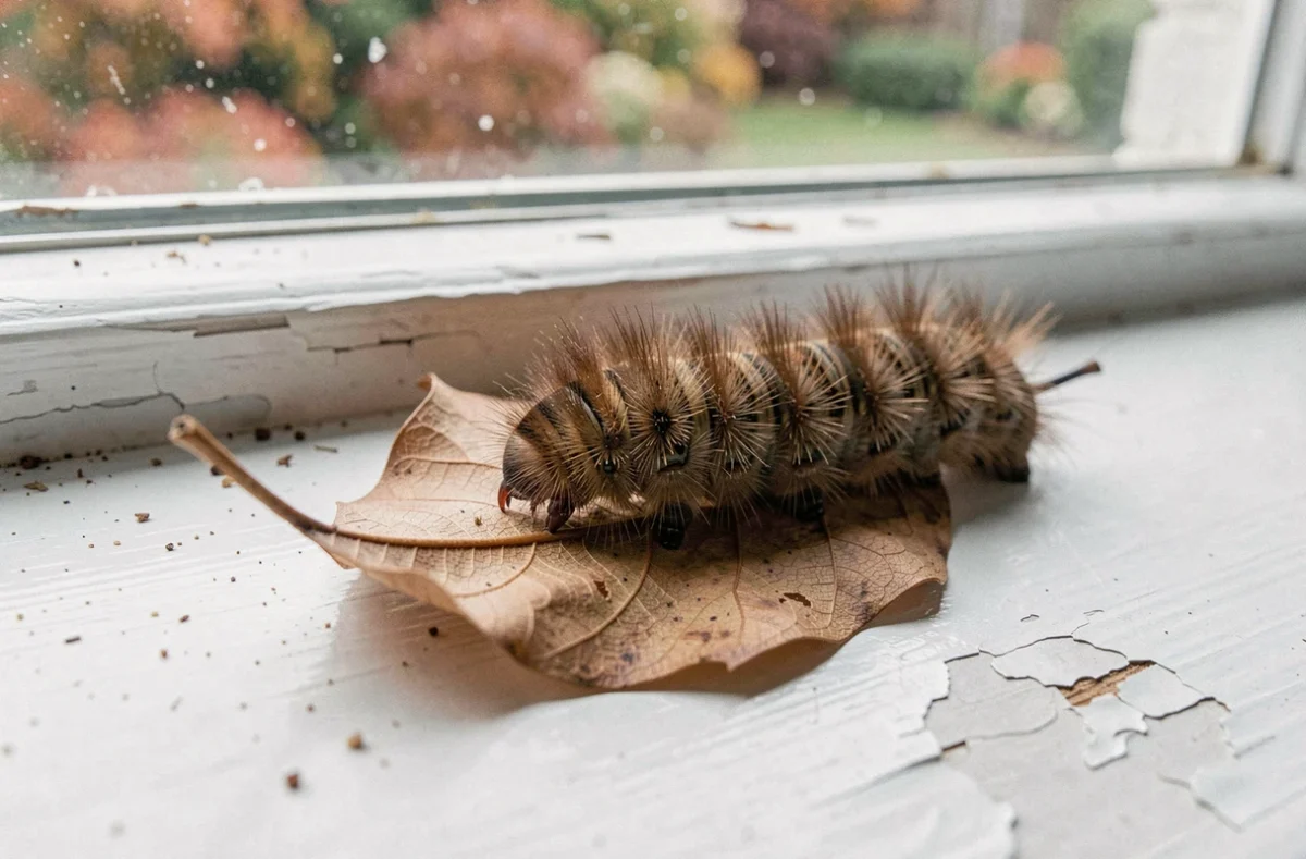 Chenille brune et velue en train de manger une feuille sèche sur un rebord de fenêtre intérieur