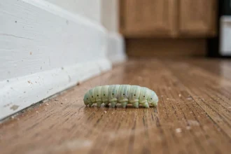 Chenille verte trouvée sur le plancher d'une cuisine domestique, vue en macro au ras du sol