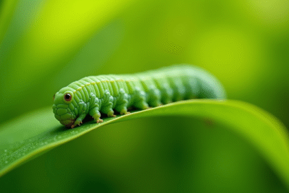 Chenille verte sur une feuille en plein soleil
