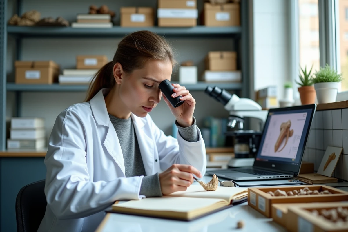 Chercheur en paléontologie analysant une molaire de mammouth fossile dans un laboratoire universitaire