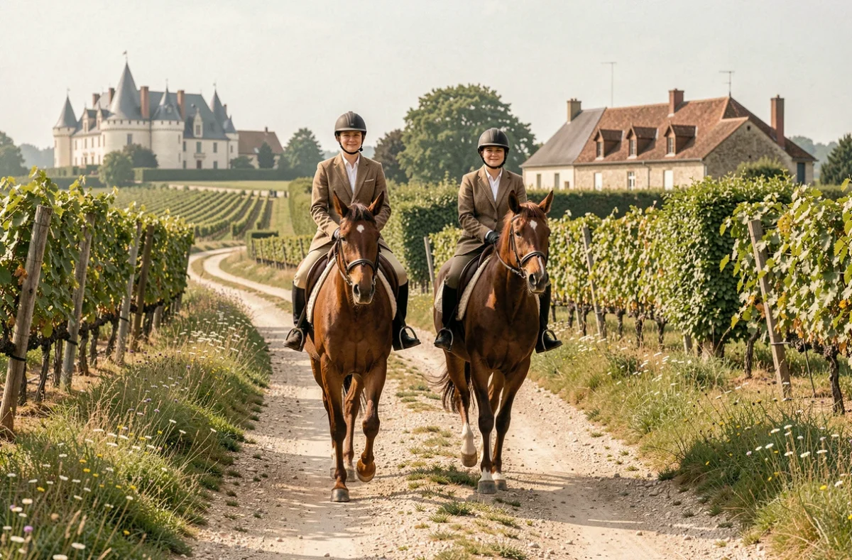 Couple de cavaliers en balade à cheval dans les paysages de vignobles et châteaux autour de Courmemin avec Cheval et Châteaux