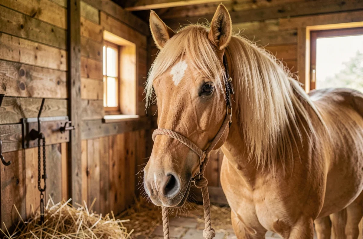 Cheval de trait belge de grande taille dans une écurie en bois rustique, son pelage doré et sa crinière claire mis en valeur par une lumière naturelle tamisée