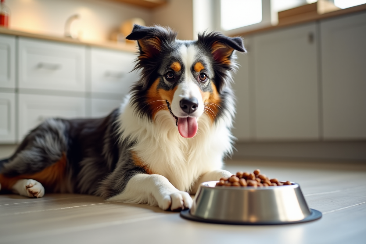 Chien adulte Australian Shepherd dans une cuisine moderne avec nourriture