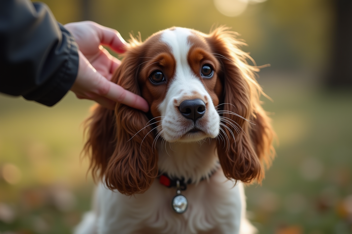 Chien adulte spaniel en entraînement en extérieur