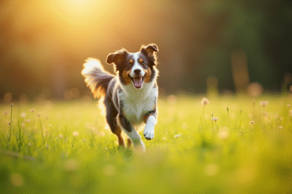 Chien Australian Shepherd courant dans un champ ensoleille