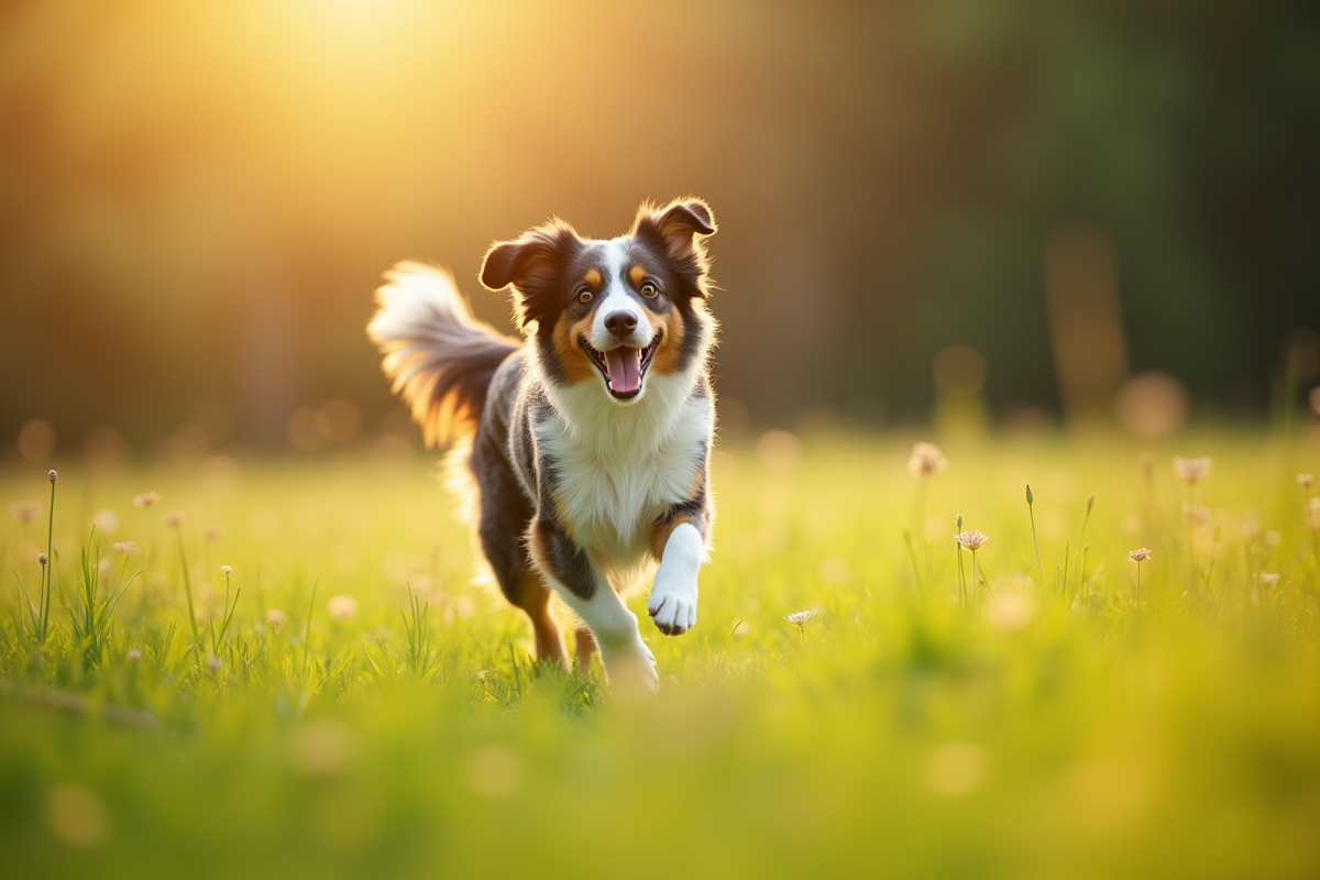Chien Australian Shepherd courant dans un champ ensoleille