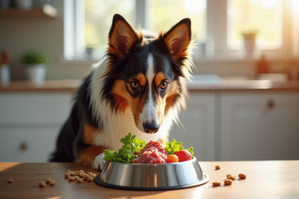 Chien australien tricolore mangeant dans une cuisine lumineuse