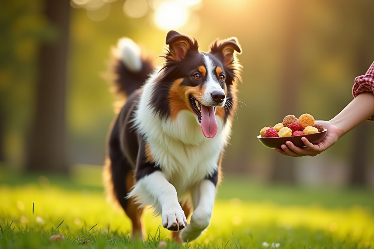 Chien australien courant dans un parc avec nourriture saine