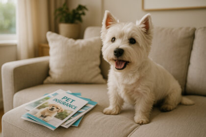 Chien blanc heureux sur un canapé dans un salon moderne
