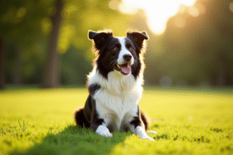 Border Collie et Australian Shepherd assis dans un parc ensoleille
