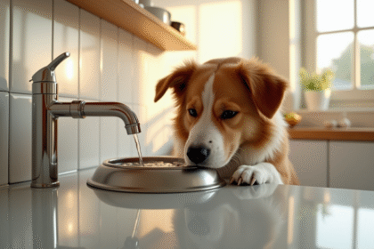 Chien heureux buvant de l'eau fraîche dans une cuisine lumineuse