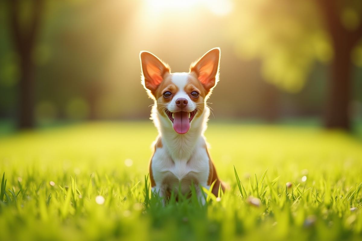 Chihuahua heureux assis dans un parc ensoleille avec herbe verte