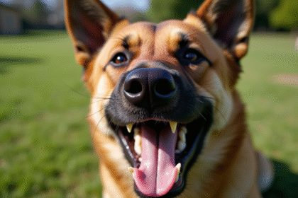 Gros plan d'un chien agressif montrant ses dents et lèvres retroussées