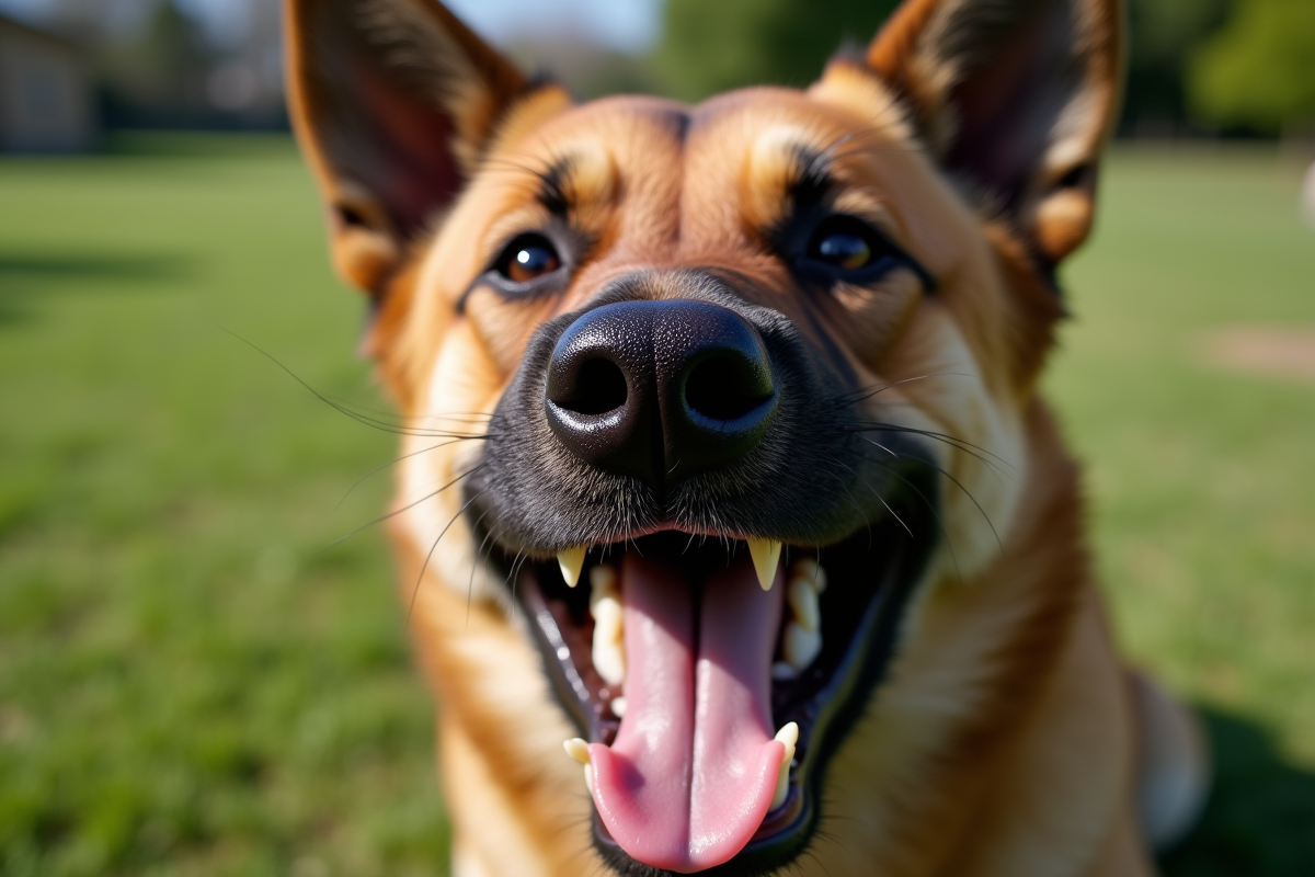 Gros plan d'un chien agressif montrant ses dents et lèvres retroussées