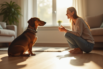 Chien dachshund assis dans un salon lumineux