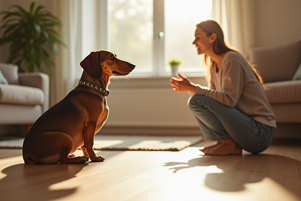 Chien dachshund assis dans un salon lumineux