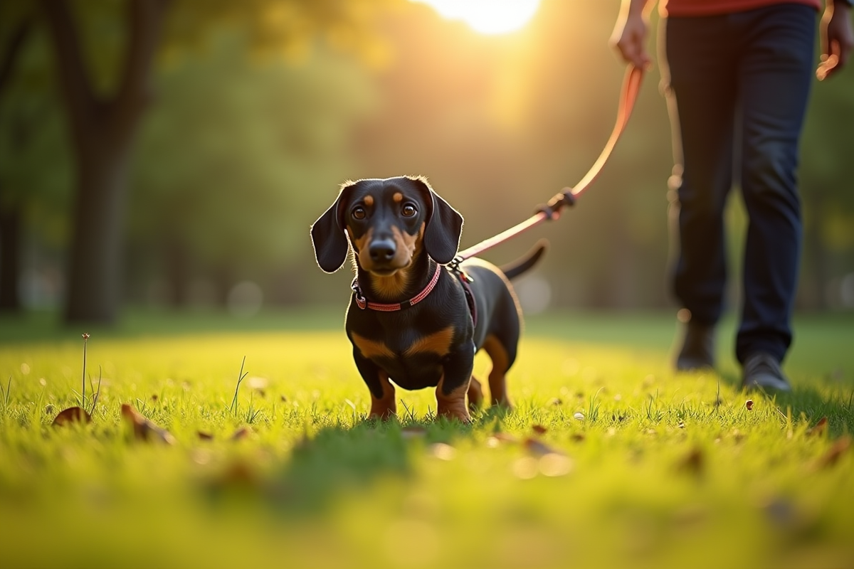 Chien dachshund dans un parc refusant de marcher