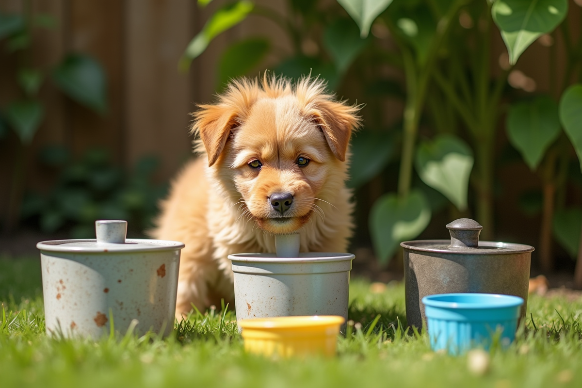 Chien joueur explorant divers bacs d