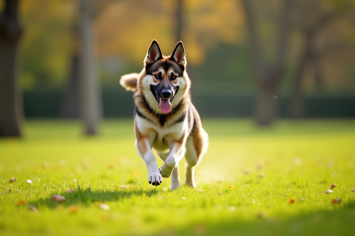 Chien berger allemand husky courant dans un parc en plein jour