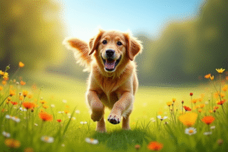 Golden retriever courant dans un parc ensoleille avec fleurs