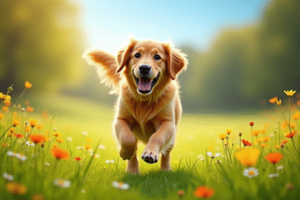 Golden retriever courant dans un parc ensoleille avec fleurs