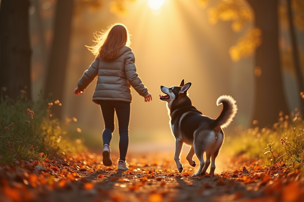 Chien husky jouant à rapporter avec une femme dans la forêt ensoleillée