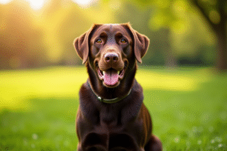 Labrador chocolat assis dans un parc ensoleille avec flou d'arrière plan