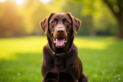 Labrador chocolat assis dans un parc ensoleille avec flou d'arrière plan
