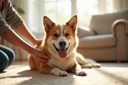 Chien souriant allongé sur un tapis lumineux dans un salon propre