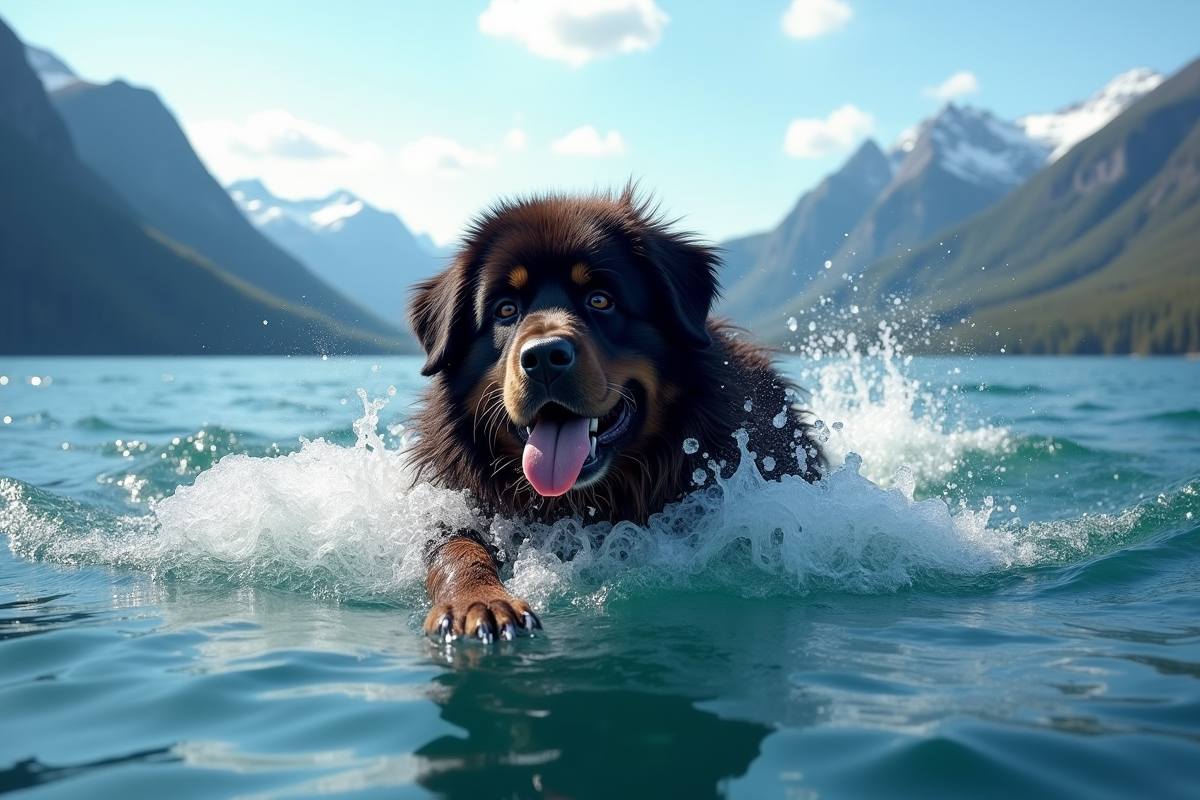 Chien Newfoundland nageant dans un lac bleu avec montagnes