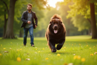 Chien Newfoundland courant dans un parc vert ensoleille