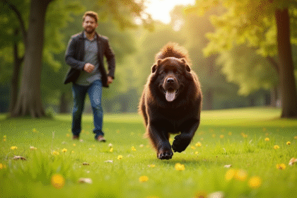 Chien Newfoundland courant dans un parc vert ensoleille