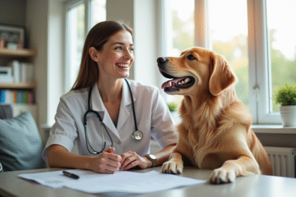 Chien golden retriever heureux avec une femme au vétérinaire