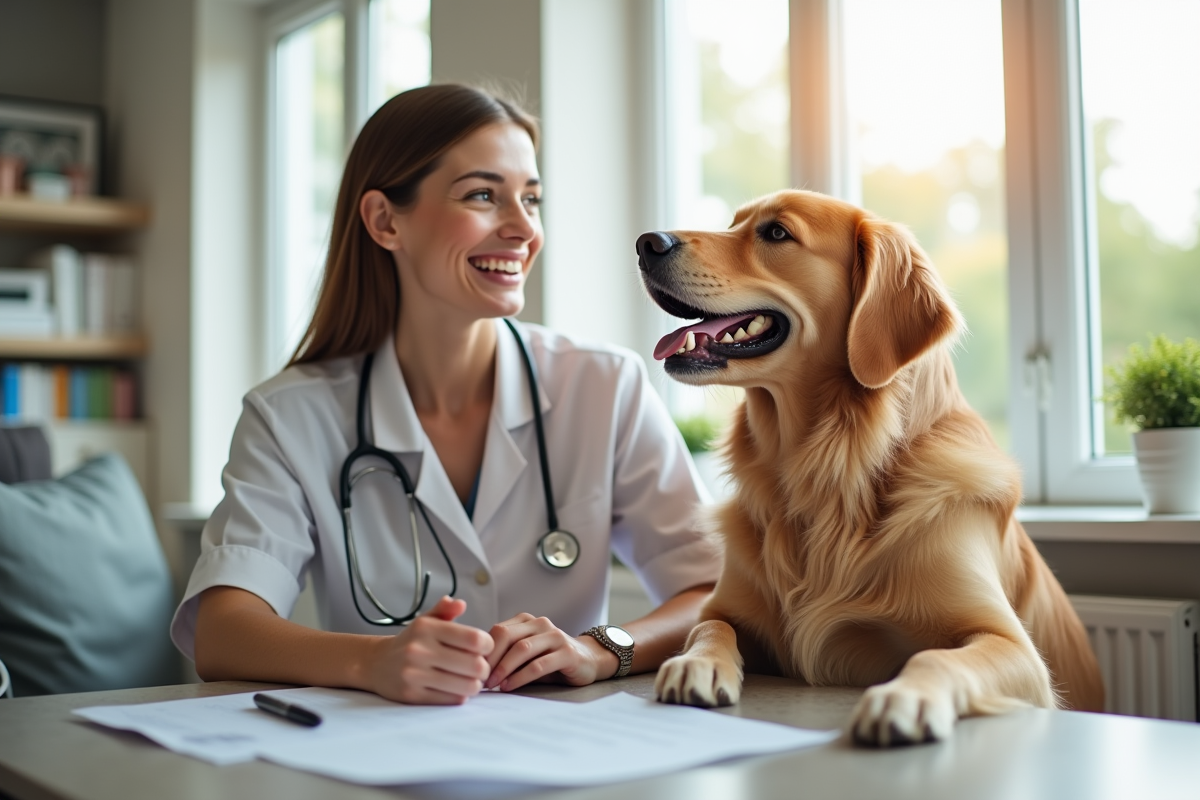 Chien golden retriever heureux avec une femme au vétérinaire