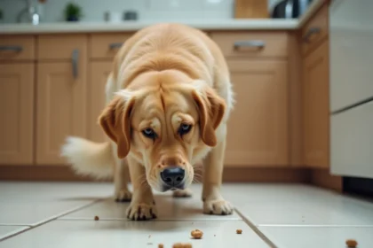 Chien golden retriever semblant mal à l'aise sur le carrelage de cuisine après avoir vomi, posture courbée et oreilles basses