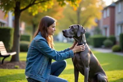Chien Weimaraner assis près d'une femme dans un parc