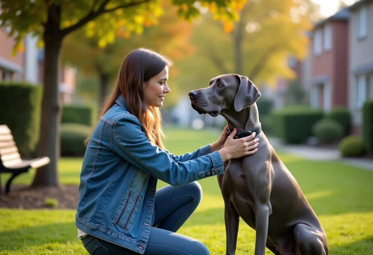 Chien Weimaraner assis près d'une femme dans un parc