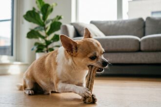 Chihuahua adulte mâchant un bâton à mâcher naturel adapté aux petits chiens sur un parquet en bois clair