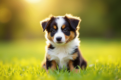Mini chiot Australian Shepherd assis dans un parc ensoleille