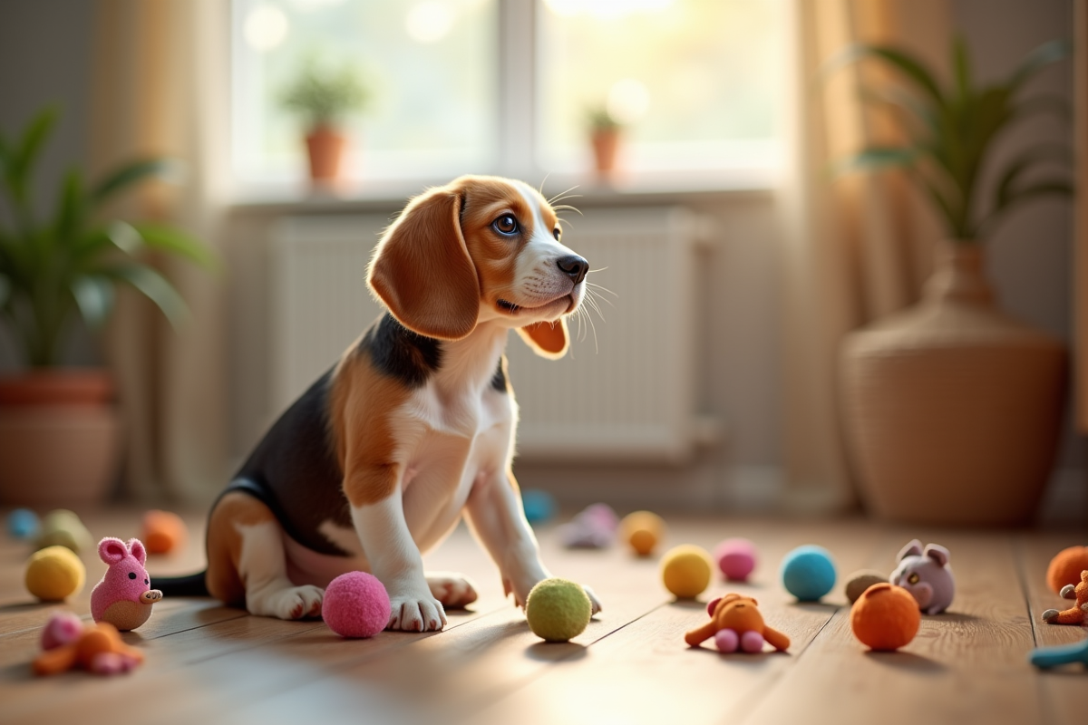 Chiot beagle assis dans la maison avec jouets colorés