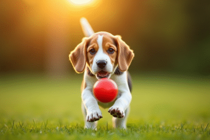 Chiot beagle jouant dans un parc en plein soleil