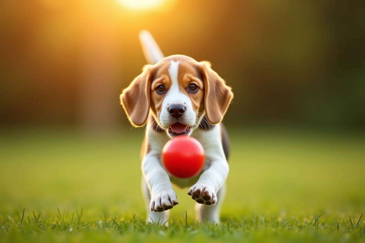 Chiot beagle jouant dans un parc en plein soleil