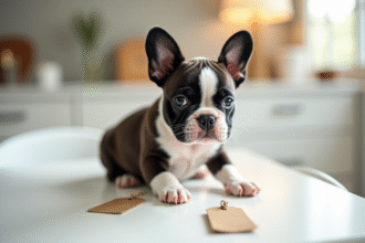 Chiot bulldog français sur une table blanche lumineuse