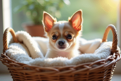 Chiot chihuahua dans un panier en osier avec couvertures